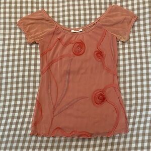 VTG Y2K Promod Coral Pink Floral Mesh Top Size Small